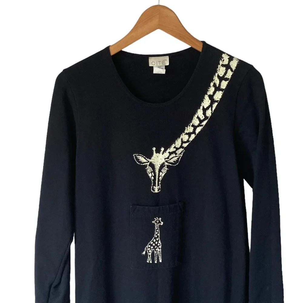 Vintage Cité Black Art To Wear Giraffe Graphic Print Long Sleeve Maxi Dress USA - Picture 13 of 15